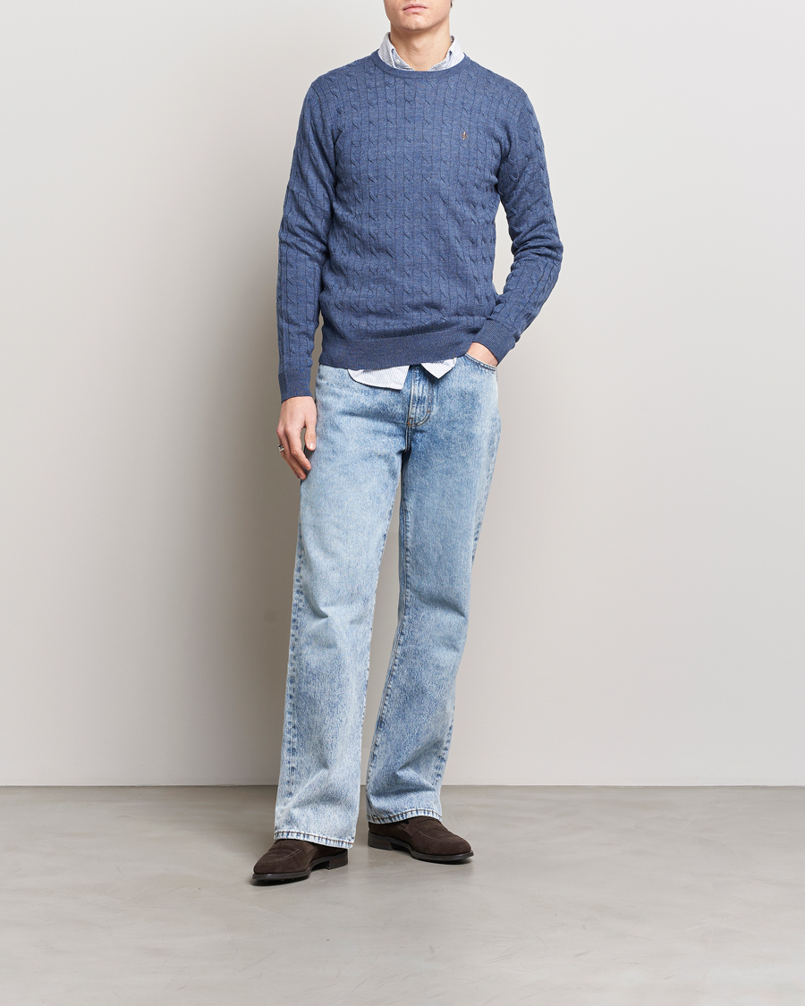 Herr | Tröjor | Morris | Merino Cable Crew Neck Blue