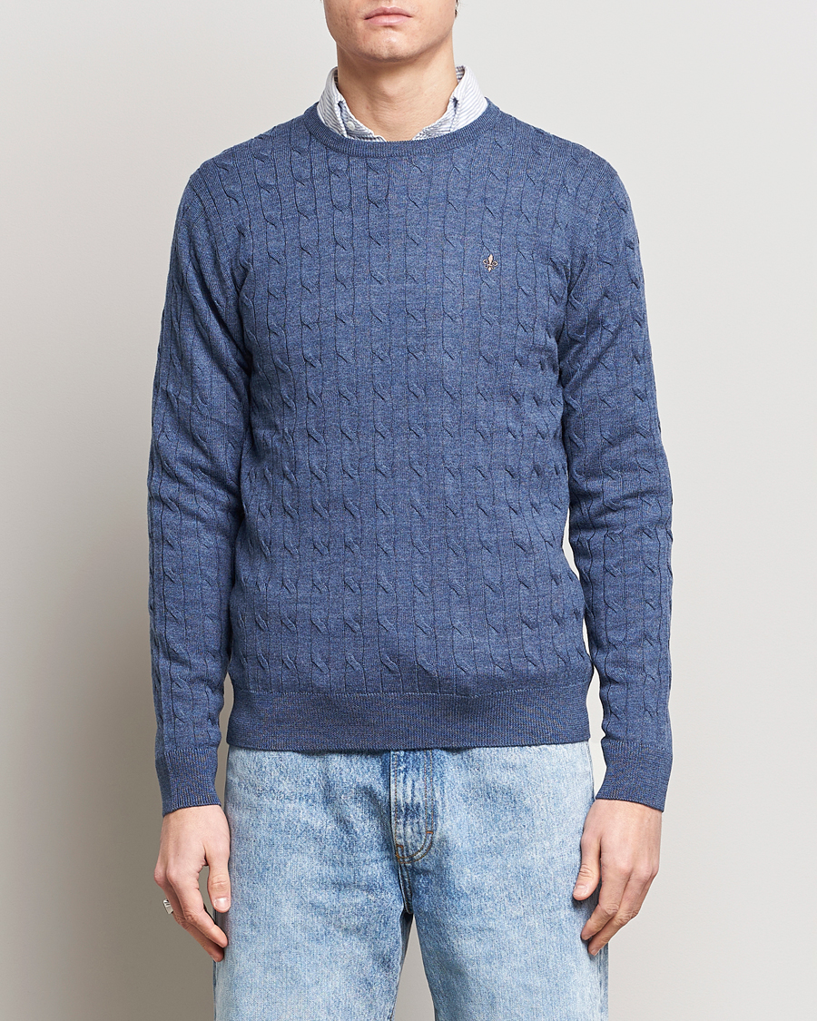 Herr | Tröjor | Morris | Merino Cable Crew Neck Blue
