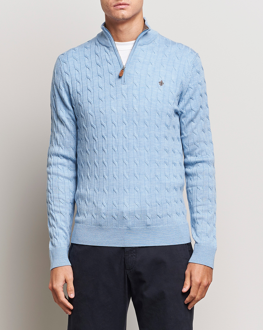 Herr | Tröjor | Morris | Merino Cable Half Zip Light Blue