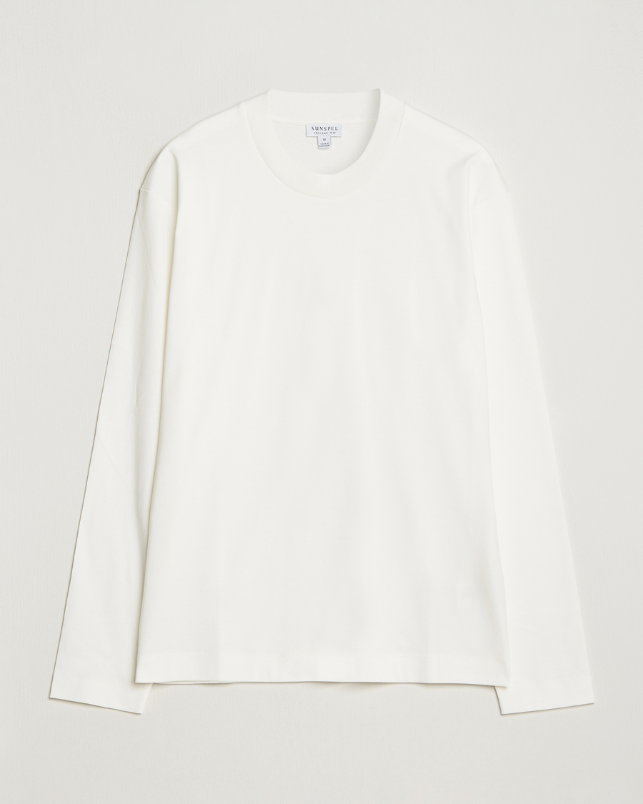 Herr | T-Shirts | Sunspel | Heavyweight Mock Neck Long Sleeve T-Shirt Ecru