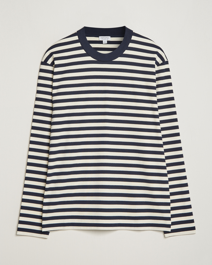 Herr | T-Shirts | Sunspel | Heavyweight Mock Neck Long Sleeve T-Shirt Navy/Ecru