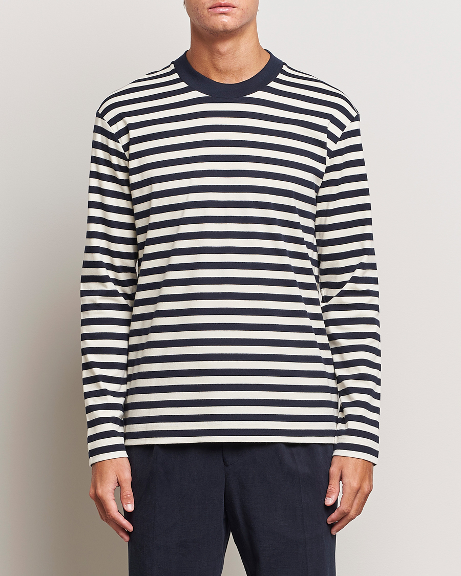Herr | Långärmade t-shirts | Sunspel | Heavyweight Mock Neck Long Sleeve T-Shirt Navy/Ecru