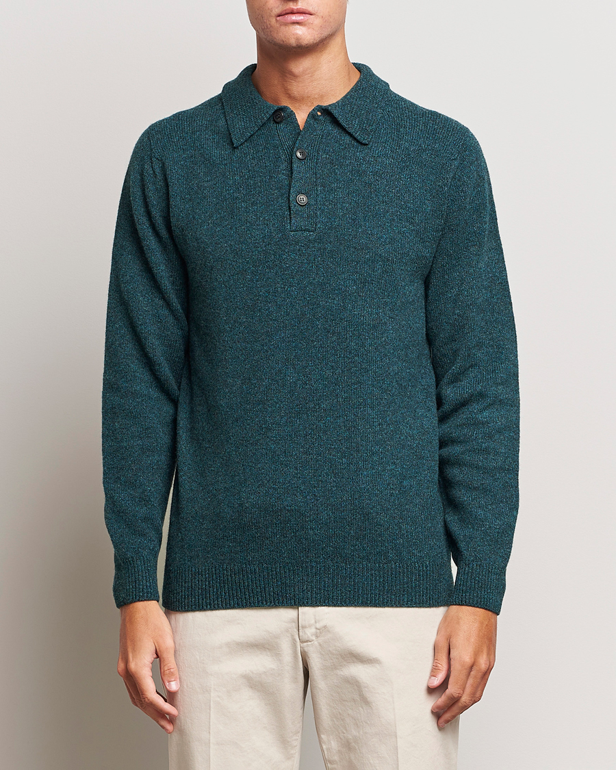 Herr | Stickade pikéer | Sunspel | Lambswool Poloshirt Peacock
