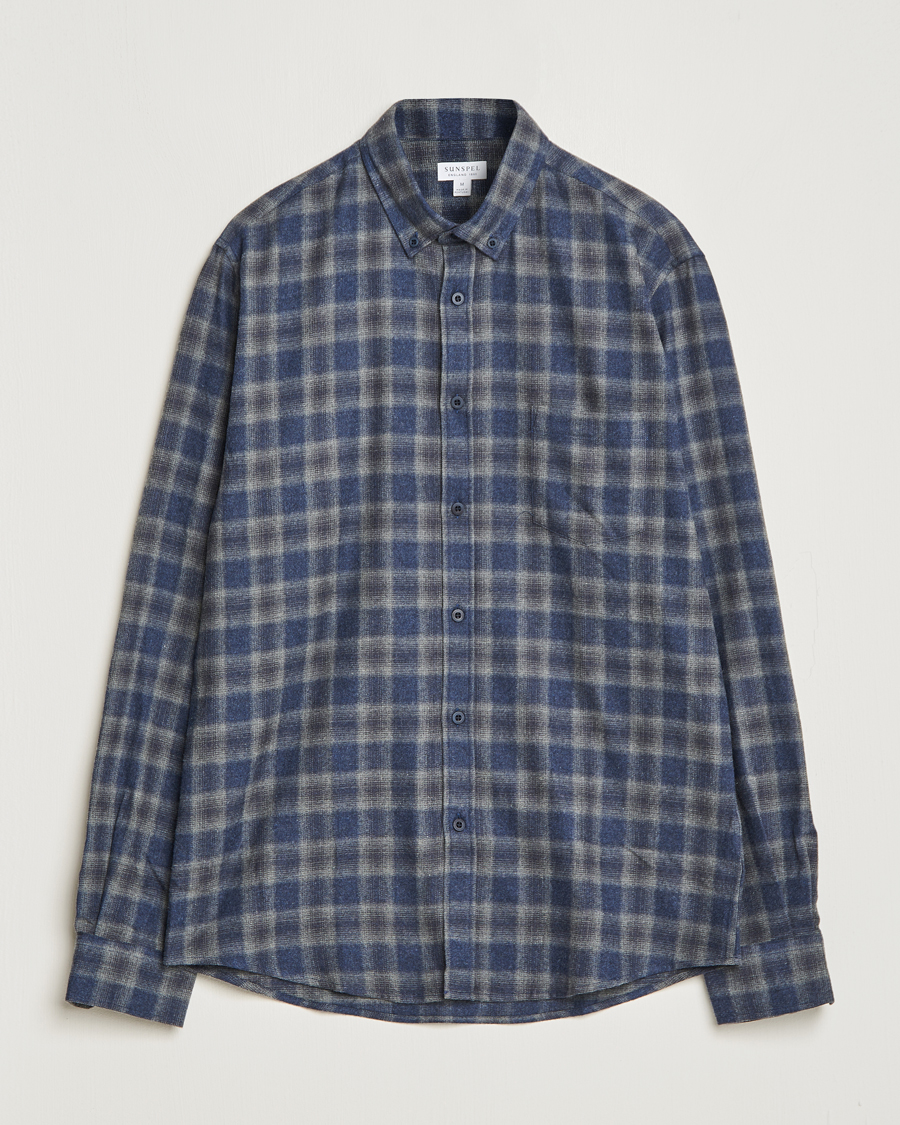 Herr | Skjortor | Sunspel | Brushed Cotton Flannel Shirt Grey/Blue Check