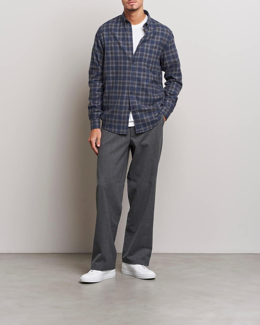 Herr | Skjortor | Sunspel | Brushed Cotton Flannel Shirt Grey/Blue Check