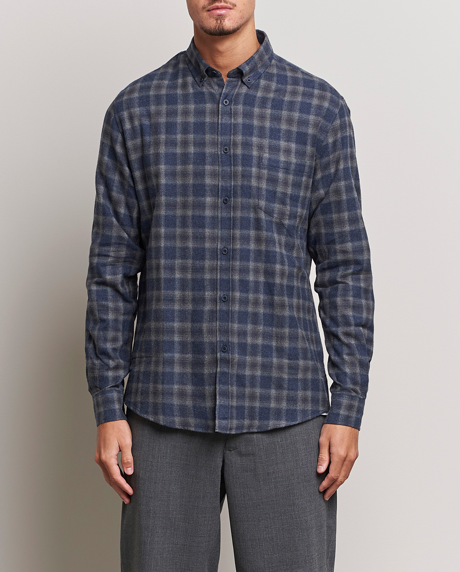 Herr |  | Sunspel | Brushed Cotton Flannel Shirt Grey/Blue Check