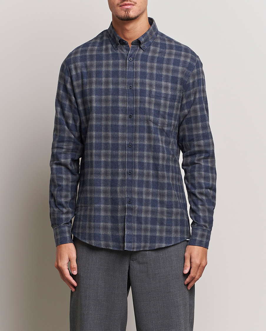 Herr | Skjortor | Sunspel | Brushed Cotton Flannel Shirt Grey/Blue Check