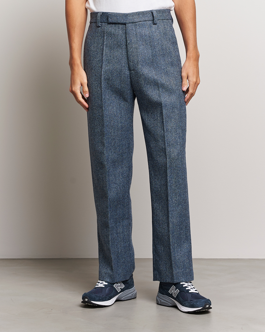 Herr | 70% rea | Palmes | Pleated Wool Trousers Navy Herringbone