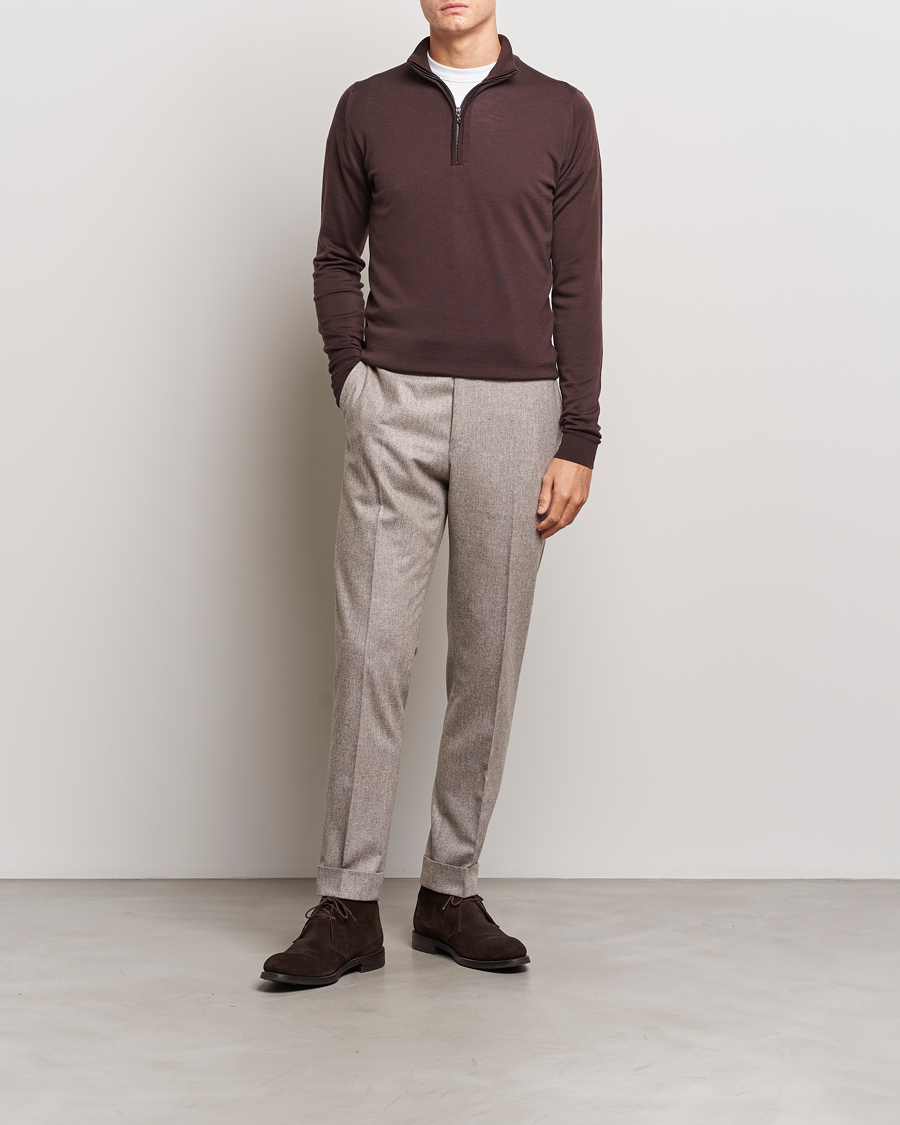Herr | Tröjor | John Smedley | Barrow Extra Fine Merino Half Zip Truffle Brown