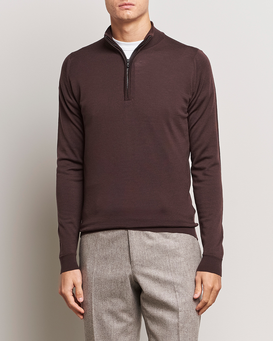 Herr | Tröjor | John Smedley | Barrow Extra Fine Merino Half Zip Truffle Brown