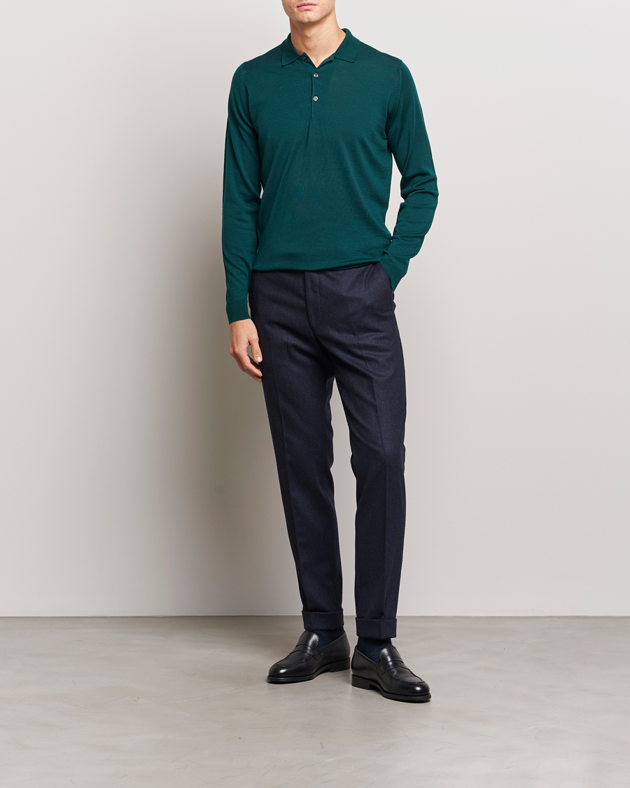 Herr | Tröjor | John Smedley | Belper Extra Fine Merino Polo Pullover Pine Green