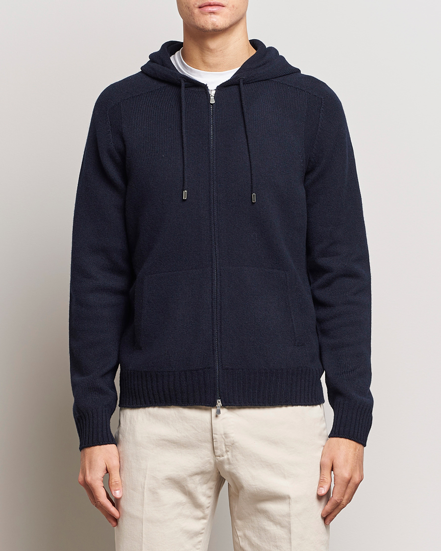 Herr |  | Gran Sasso | Full Zip Wool Hoodie Navy