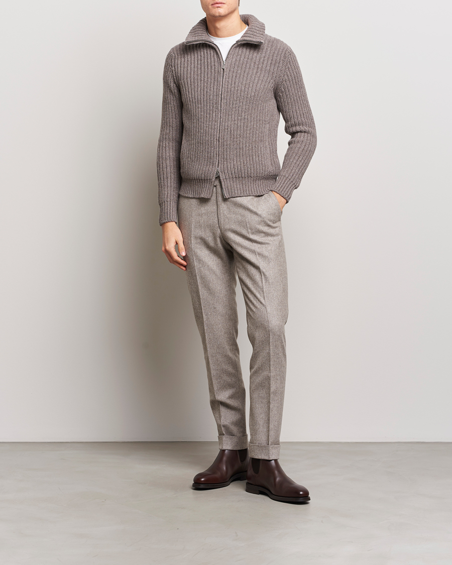 Herr | Tröjor | Gran Sasso | Wool/Cashmere Heavy Knitted Full Zip Taupe Melange