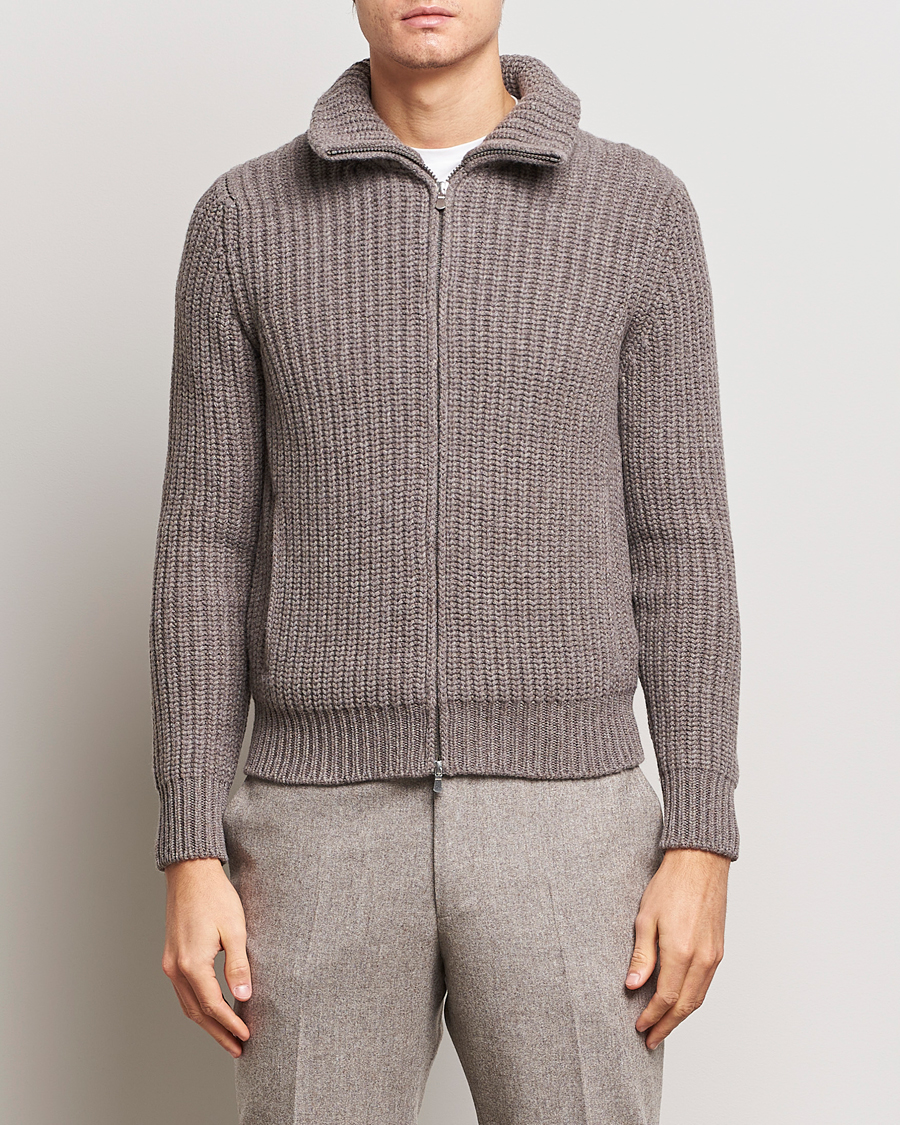 Herr | Tröjor | Gran Sasso | Wool/Cashmere Heavy Knitted Full Zip Taupe Melange