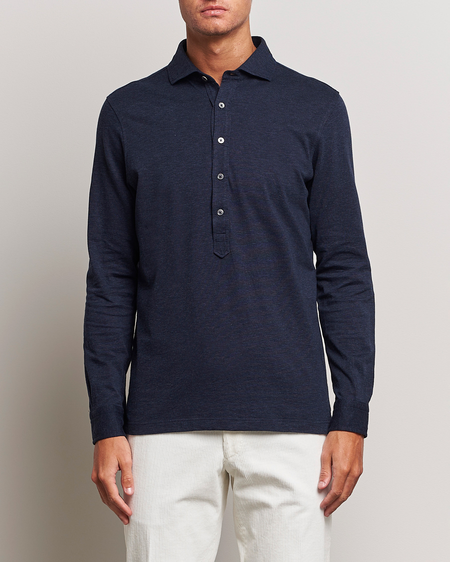 Herr |  | Gran Sasso | Brushed Cotton Popover Shirt Navy Melange
