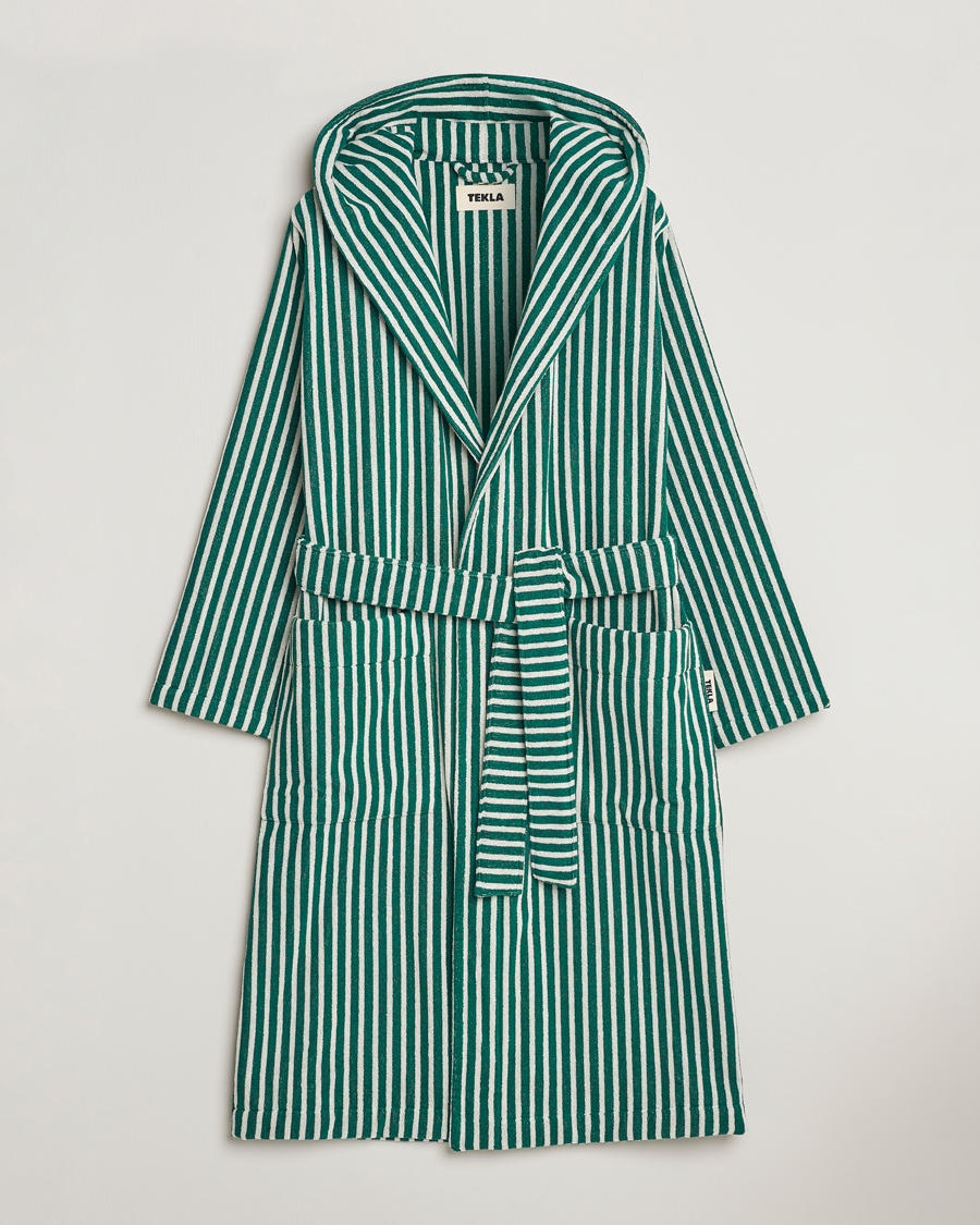 Herr | Pyjamas & Morgonrockar | Tekla | Organic Terry Hooded Bathrobe Teal Green Stripes