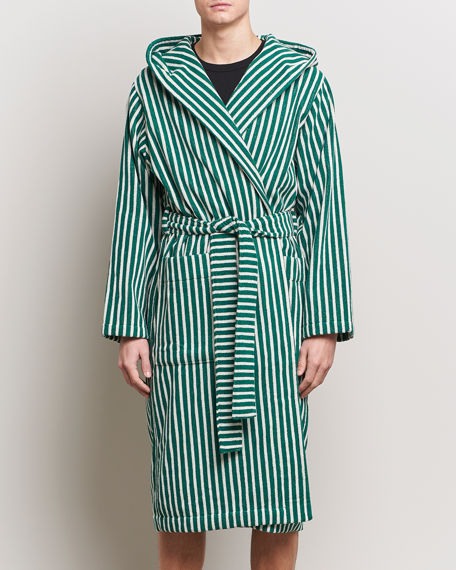 Herr | Tekla | Tekla | Organic Terry Hooded Bathrobe Teal Green Stripes