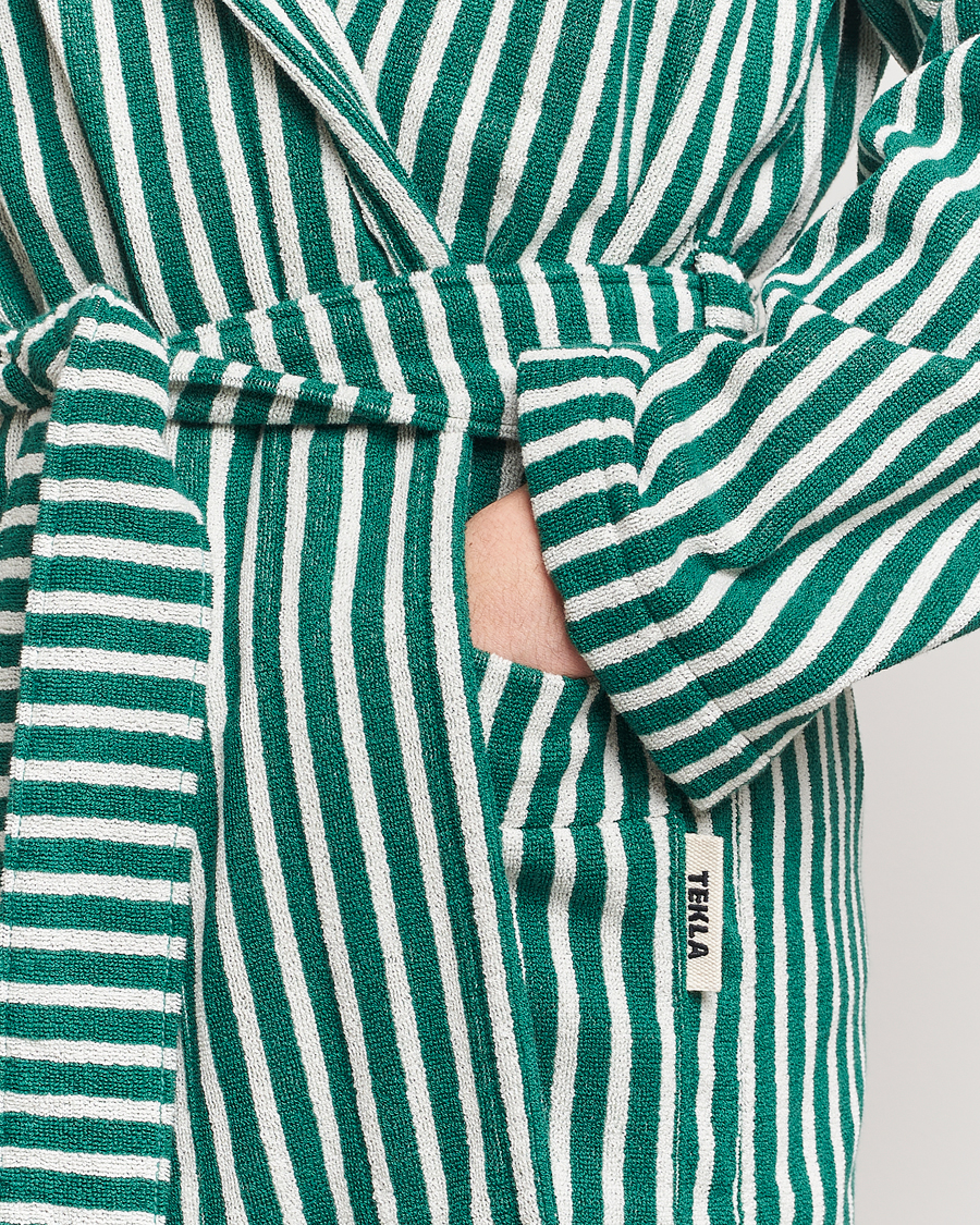 Herr | Pyjamas & Morgonrockar | Tekla | Organic Terry Hooded Bathrobe Teal Green Stripes