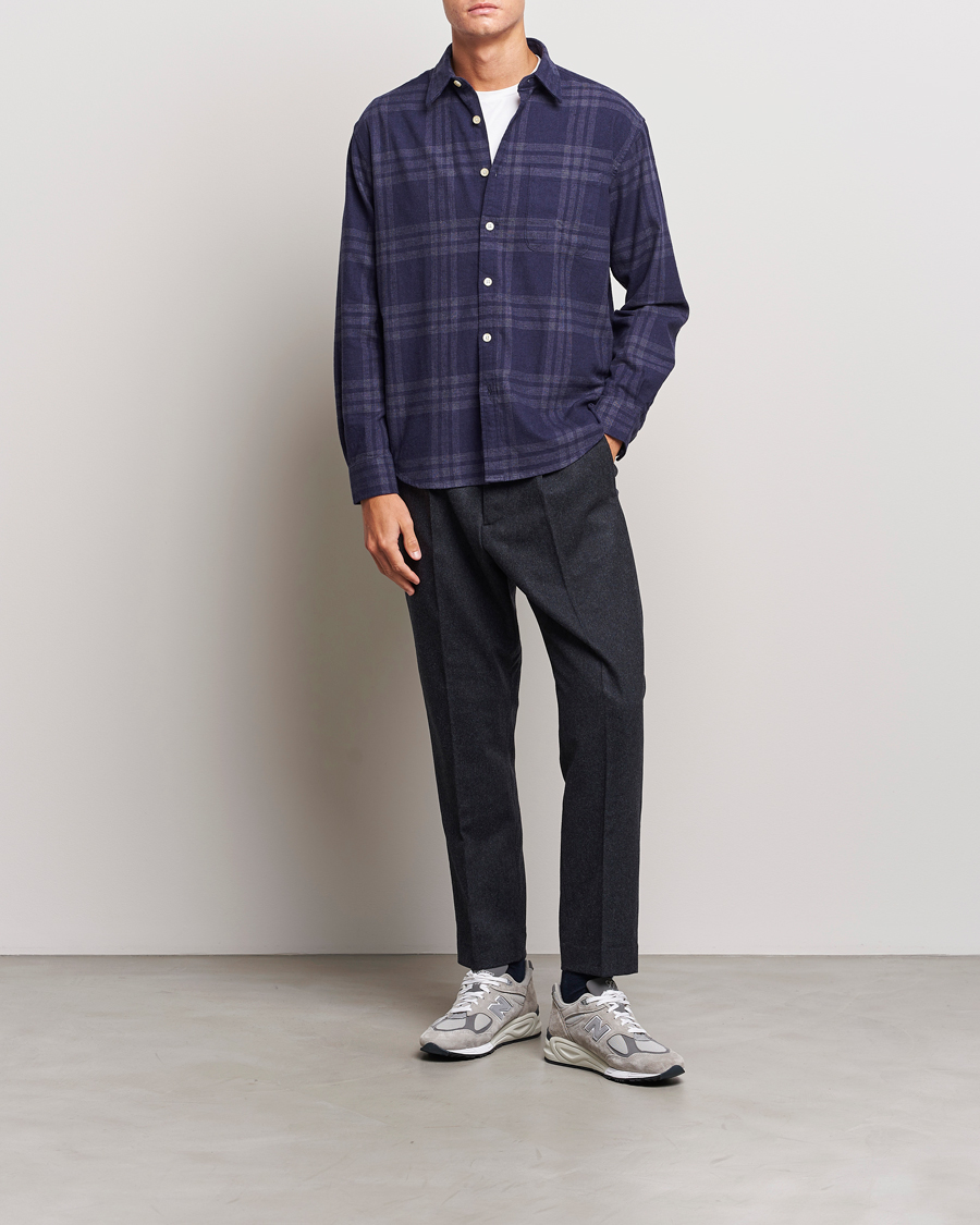 Herr | Skjortor | NN07 | Deon Brushed Flannel Checked Shirt Navy Blue
