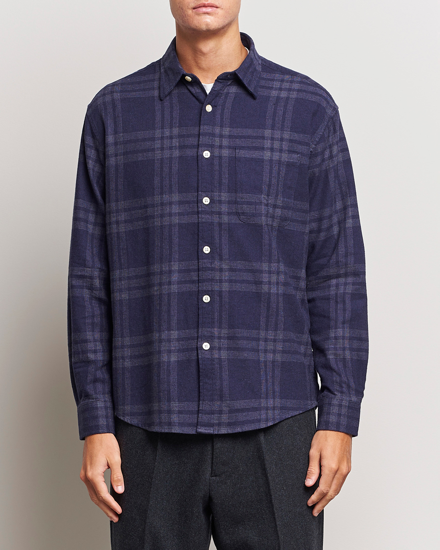 Herr | Skjortor | NN07 | Deon Brushed Flannel Checked Shirt Navy Blue