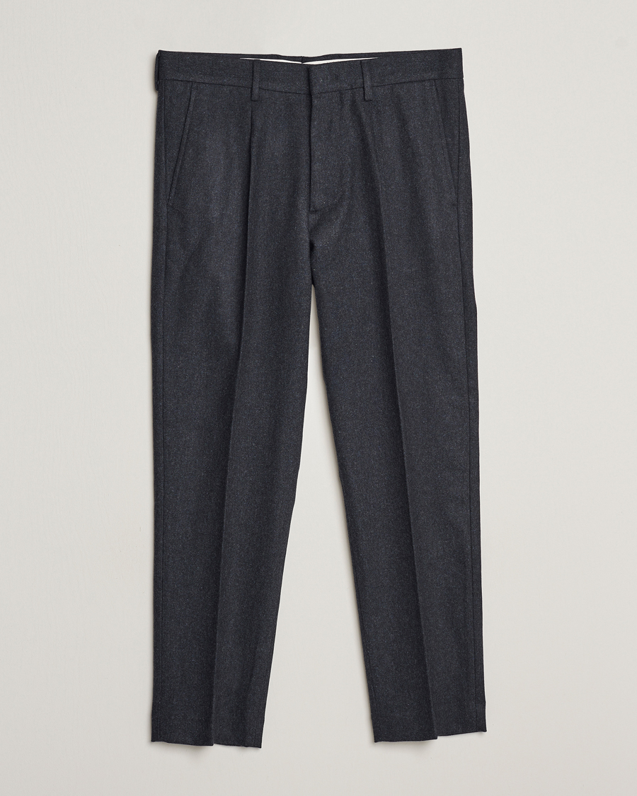 Herr | Byxor | NN07 | Bill Brushed Flannel Pleated Trousers Navy Blue