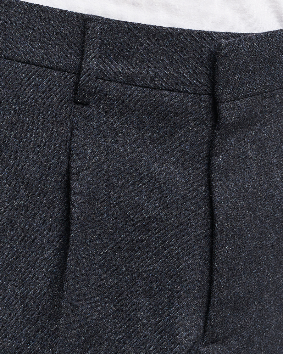 Herr | Byxor | NN07 | Bill Brushed Flannel Pleated Trousers Navy Blue