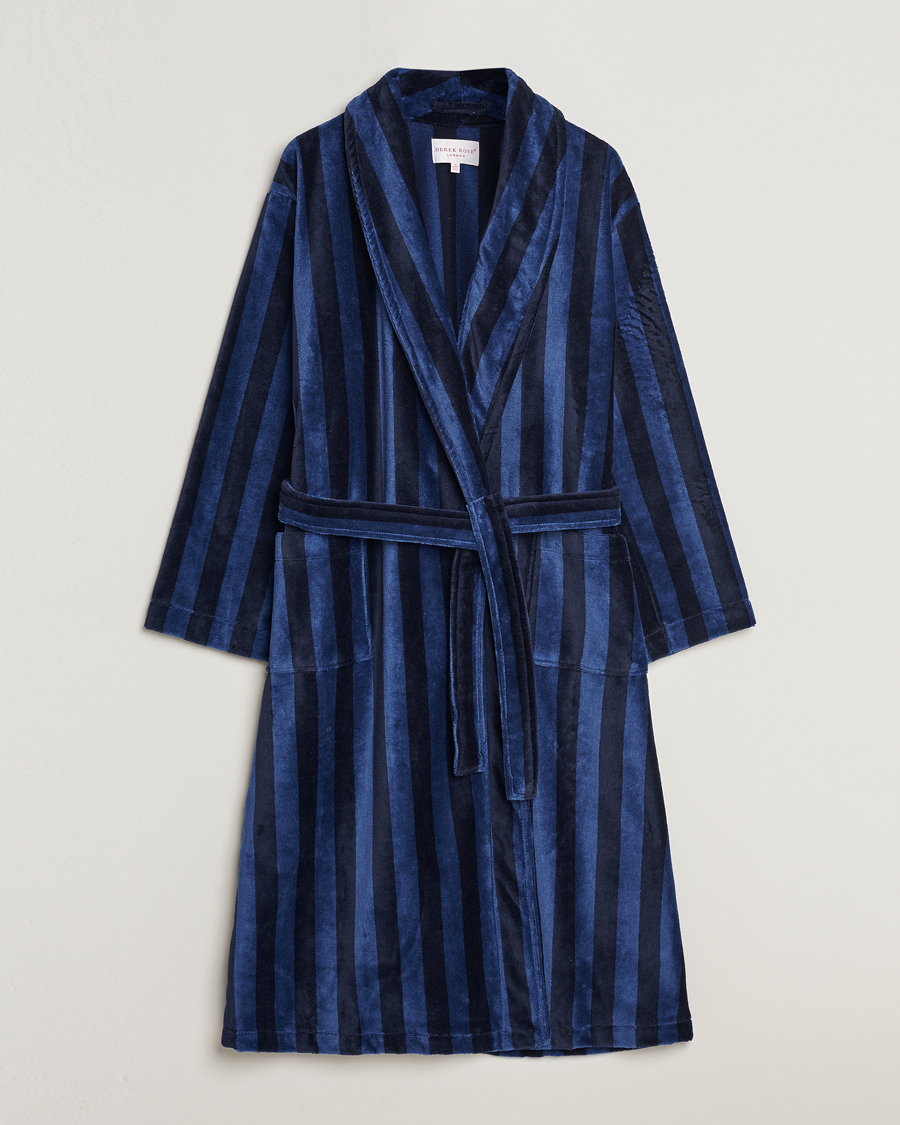 Herr | Pyjamas & Morgonrockar | Derek Rose | Striped Cotton Velour Gown Navy