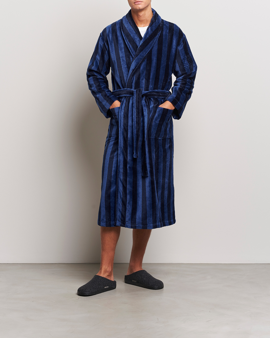 Herr | Pyjamas & Morgonrockar | Derek Rose | Striped Cotton Velour Gown Navy