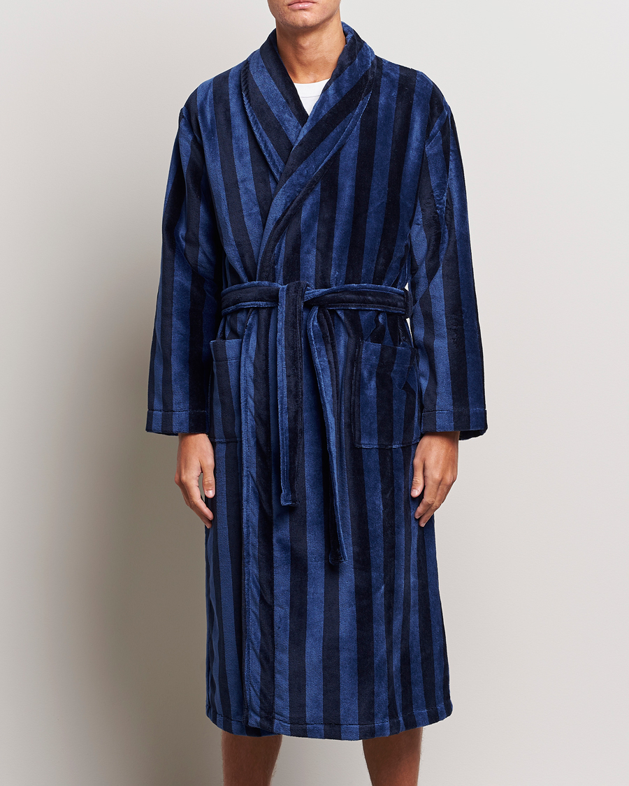 Herr | Morgonrockar | Derek Rose | Cotton Velour Striped Gown Navy/Blue