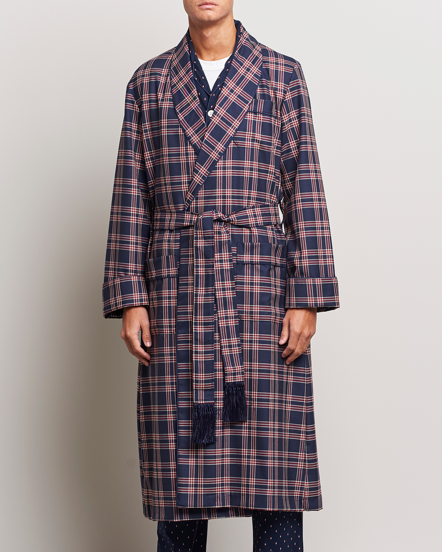 Herr | Pyjamas & Morgonrockar | Derek Rose | Wool Checked Gown Navy