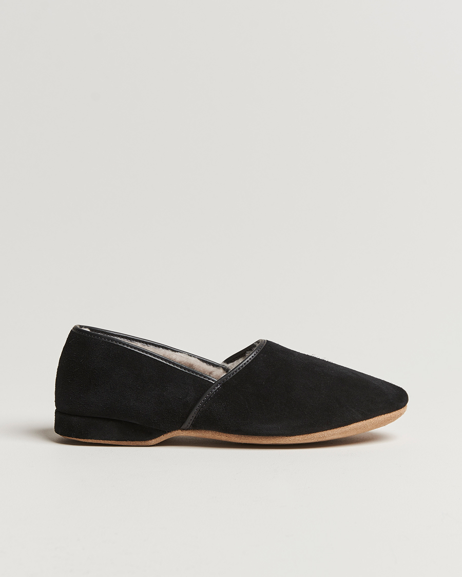 Herr | Derek Rose Crawford Sheepskin Suede Slippers Black | Derek Rose | Crawford Sheepskin Suede Slippers Black