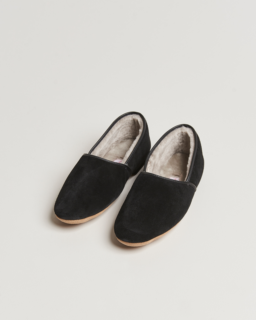 Herr | Derek Rose Crawford Sheepskin Suede Slippers Black | Derek Rose | Crawford Sheepskin Suede Slippers Black
