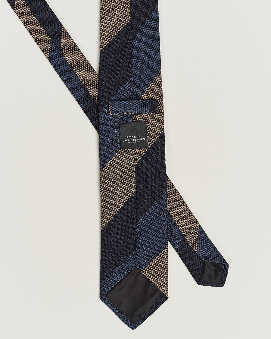 Herr | Amanda Christensen Silk Grenadine 8cm Block Striped Tie Navy/Blue/Beige | Amanda Christensen | Silk Grenadine 8cm Block Striped Tie Navy/Blue/Beige