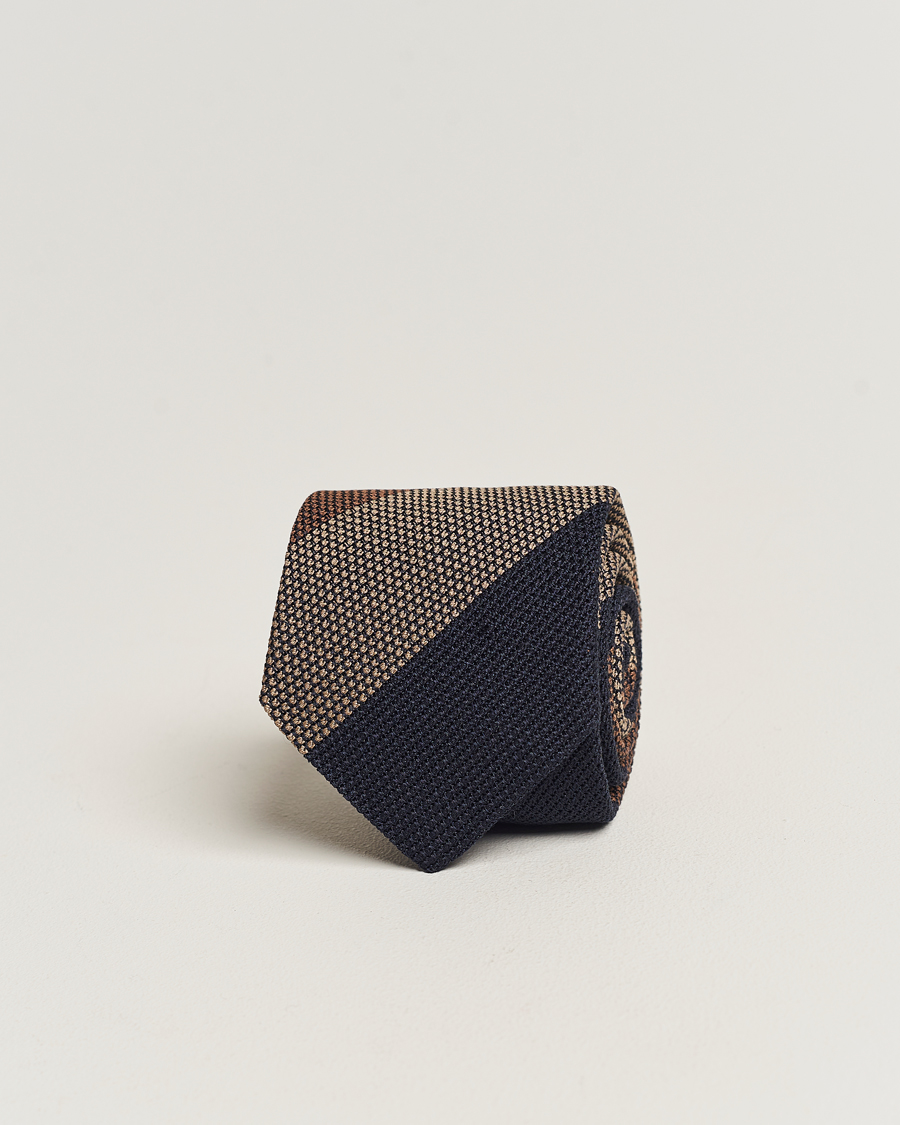 Herr | Amanda Christensen Silk Grenadine 8cm Block Striped Tie Brown/Navy/Beige | Amanda Christensen | Silk Grenadine 8cm Block Striped Tie Brown/Navy/Beige