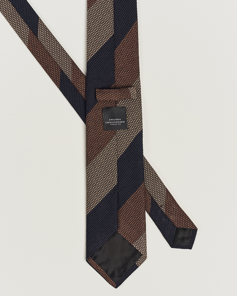 Herr | Amanda Christensen Silk Grenadine 8cm Block Striped Tie Brown/Navy/Beige | Amanda Christensen | Silk Grenadine 8cm Block Striped Tie Brown/Navy/Beige