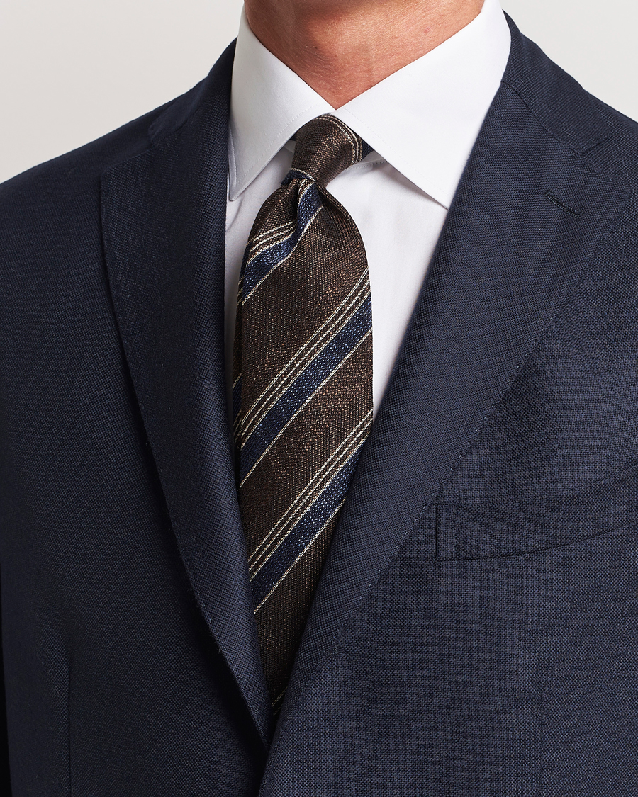 Herr | Amanda Christensen Cotton/Wool/Silk 8cm Regimental Stripe Tie Brown/Navy | Amanda Christensen | Cotton/Wool/Silk 8cm Regimental Stripe Tie Brown/Navy