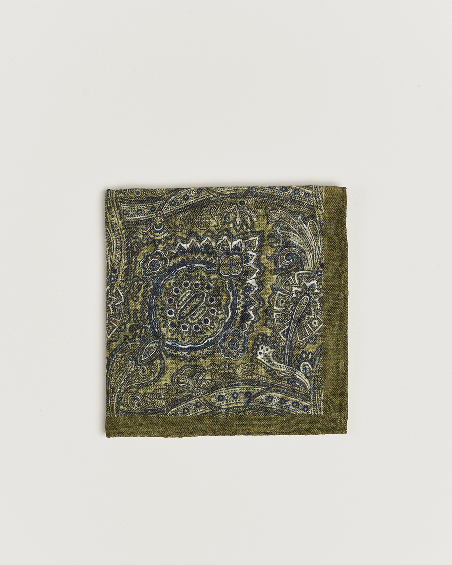 Herr | Amanda Christensen Wool Printed Large Paisley Pocket Square Green Melange | Amanda Christensen | Wool Printed Large Paisley Pocket Square Green Melange