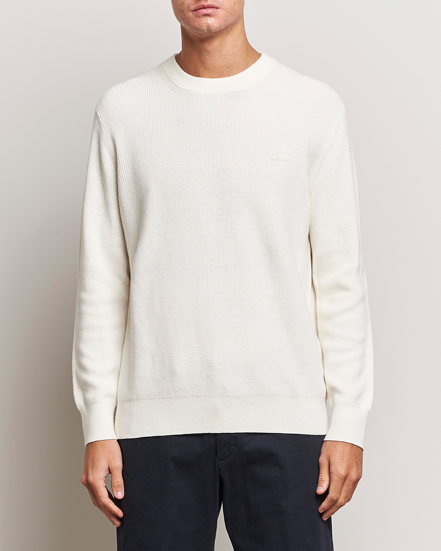 Herr | Tröjor | GANT | Cotton/Wool Rib Knitted Crew Neck Cream