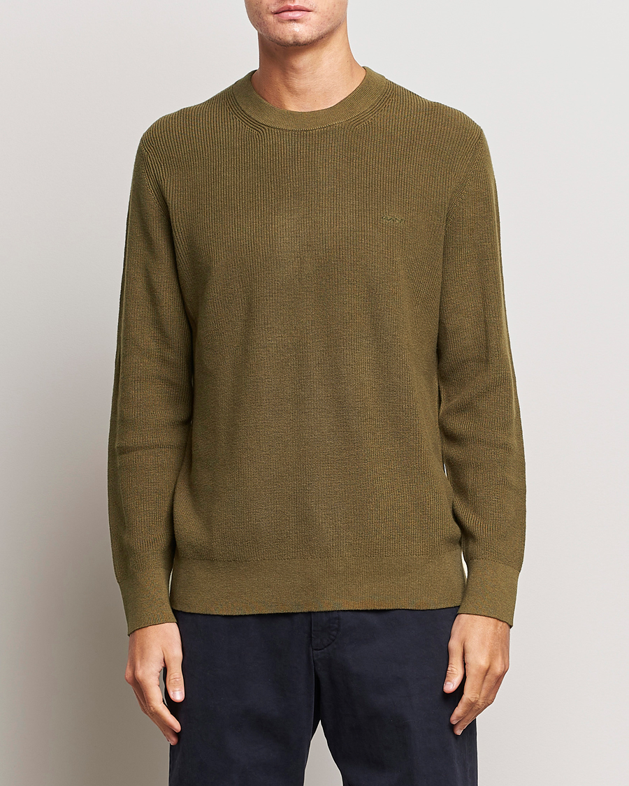 Herr | Tröjor | GANT | Cotton/Wool Rib Knitted Crew Neck Dark Cactus