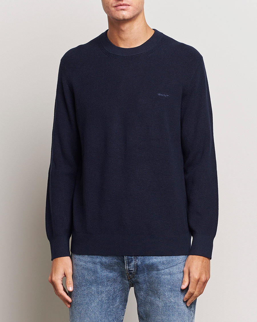 Herr | Tröjor | GANT | Cotton/Wool Rib Knitted Crew Neck Evening Blue