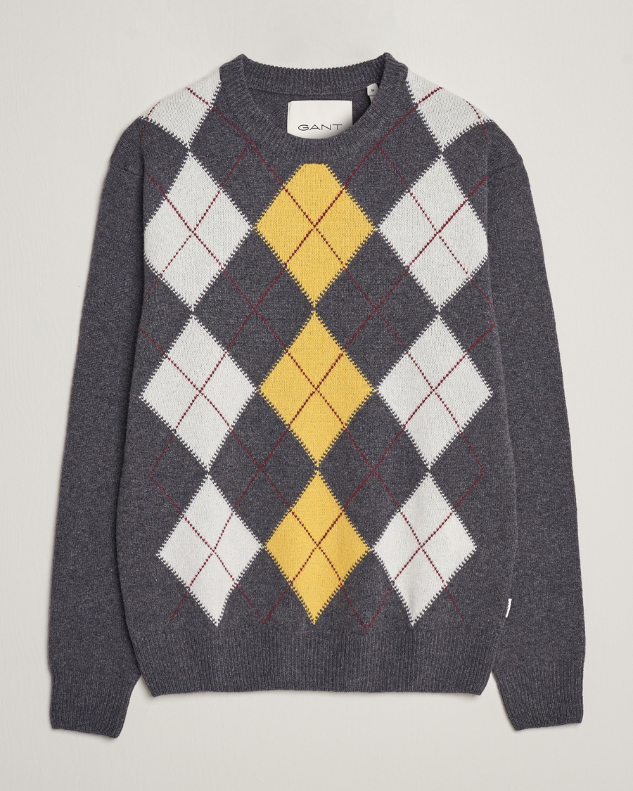 Herr | Tröjor | GANT | Lambswool Argyle Crew Neck Sweater Charcoal Melange