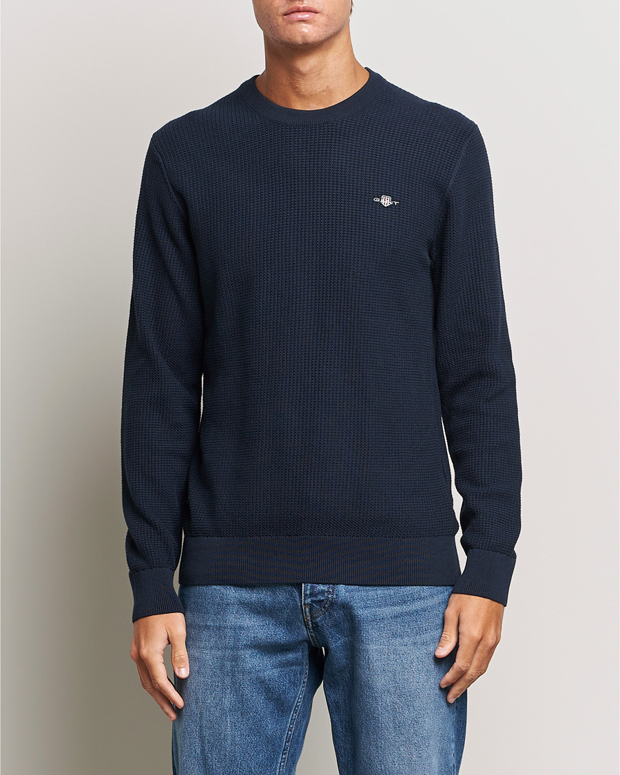 Herr | Tröjor | GANT | Cotton Micro Textured Crew Neck Evening Blue