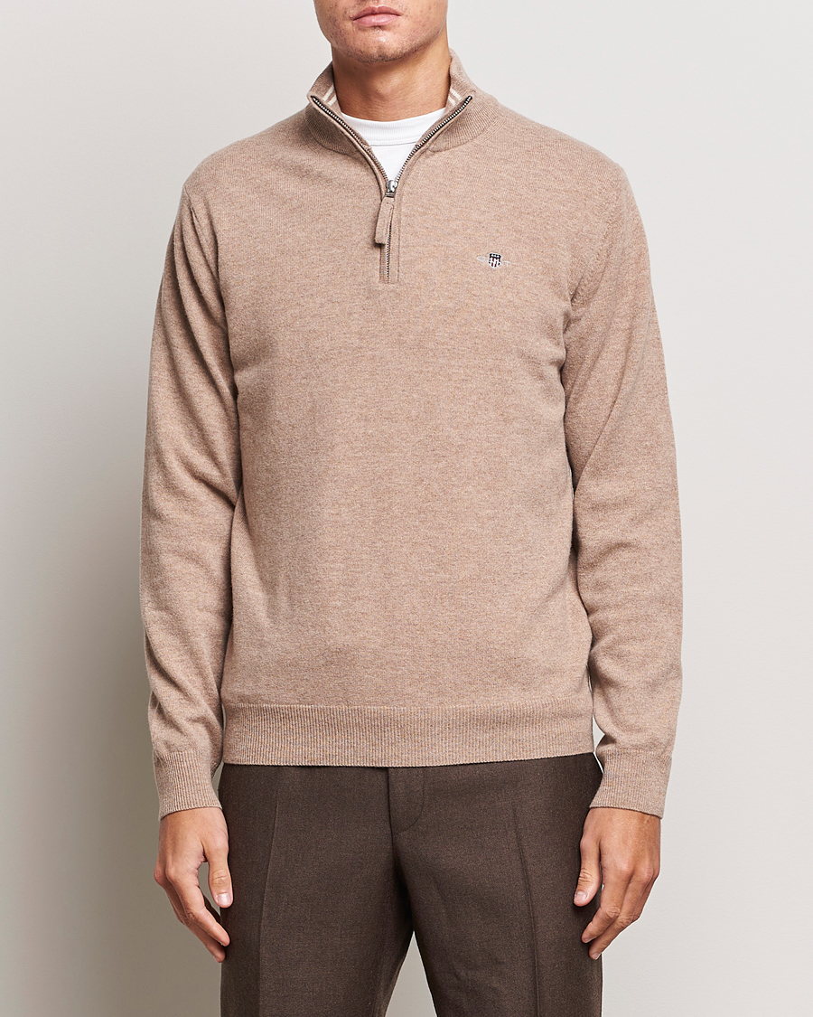 Herr | Tröjor | GANT | Lamsbwool Half Zip Dark Sand