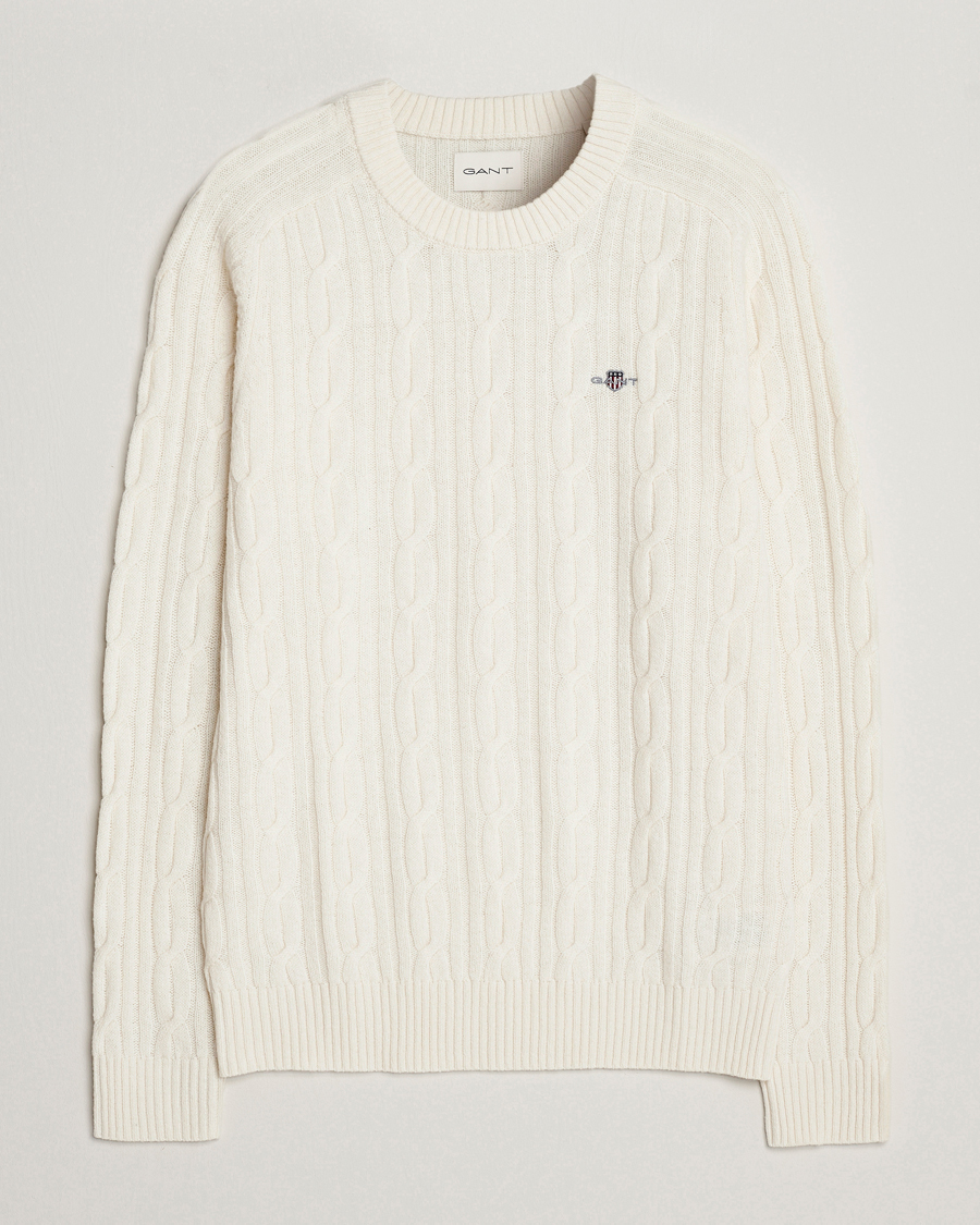 Herr | Tröjor | GANT | Lambswool Cable Crew Neck Pullover Cream