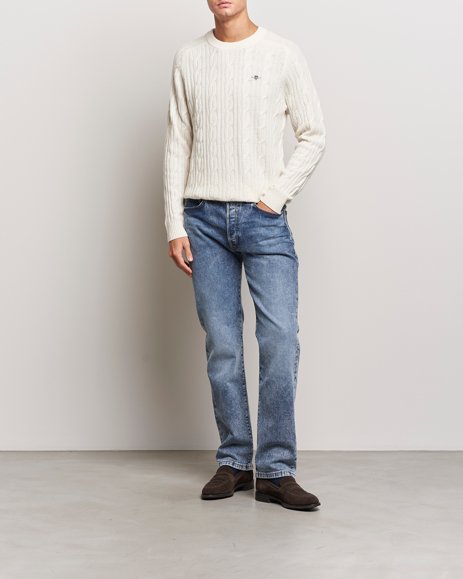 Herr | Tröjor | GANT | Lambswool Cable Crew Neck Pullover Cream