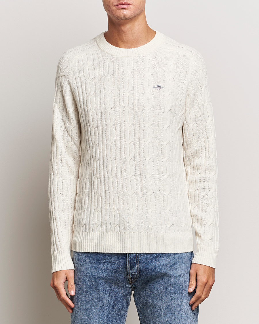 Herr | Tröjor | GANT | Lambswool Cable Crew Neck Pullover Cream