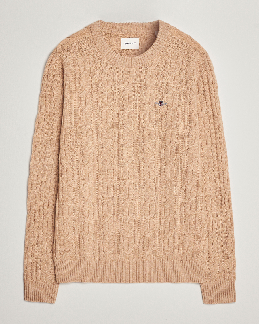 Herr | Tröjor | GANT | Lambswool Cable Crew Neck Pullover Khaki Melange