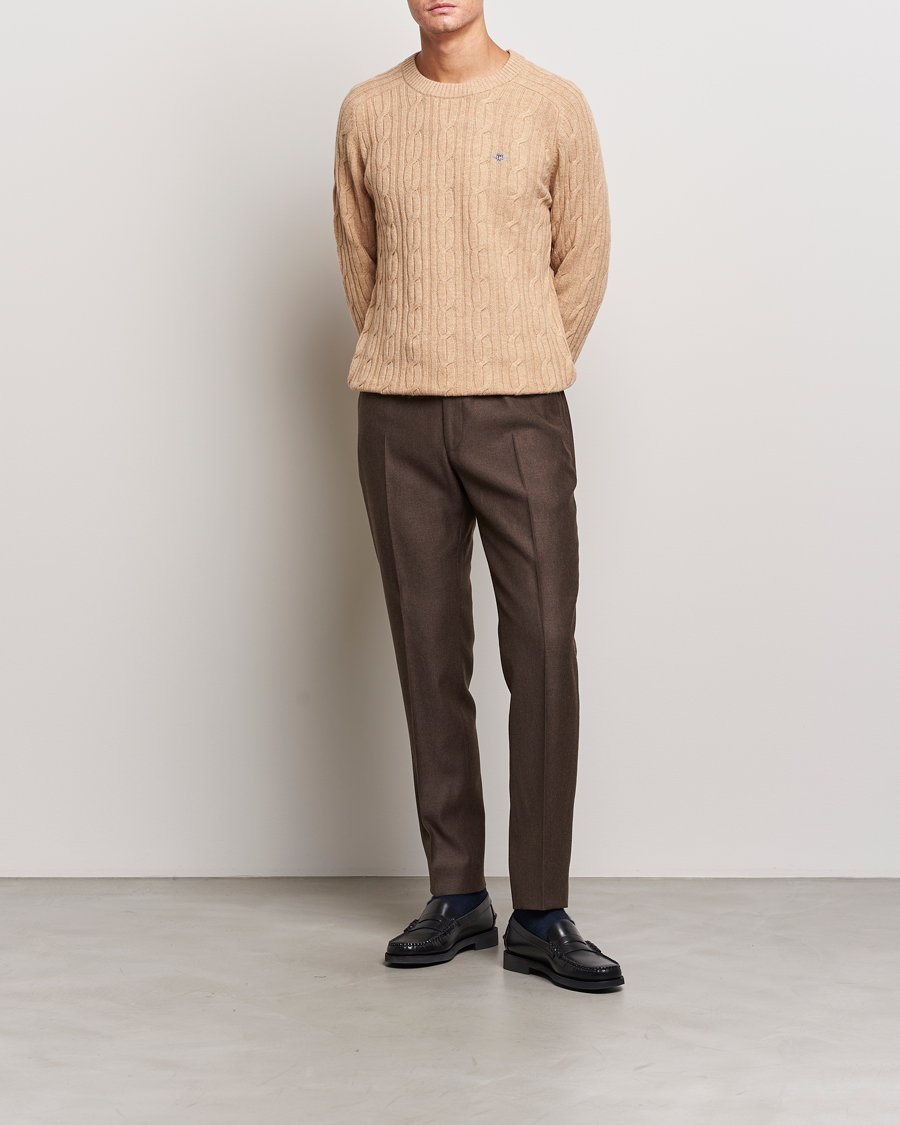 Herr | Tröjor | GANT | Lambswool Cable Crew Neck Pullover Khaki Melange