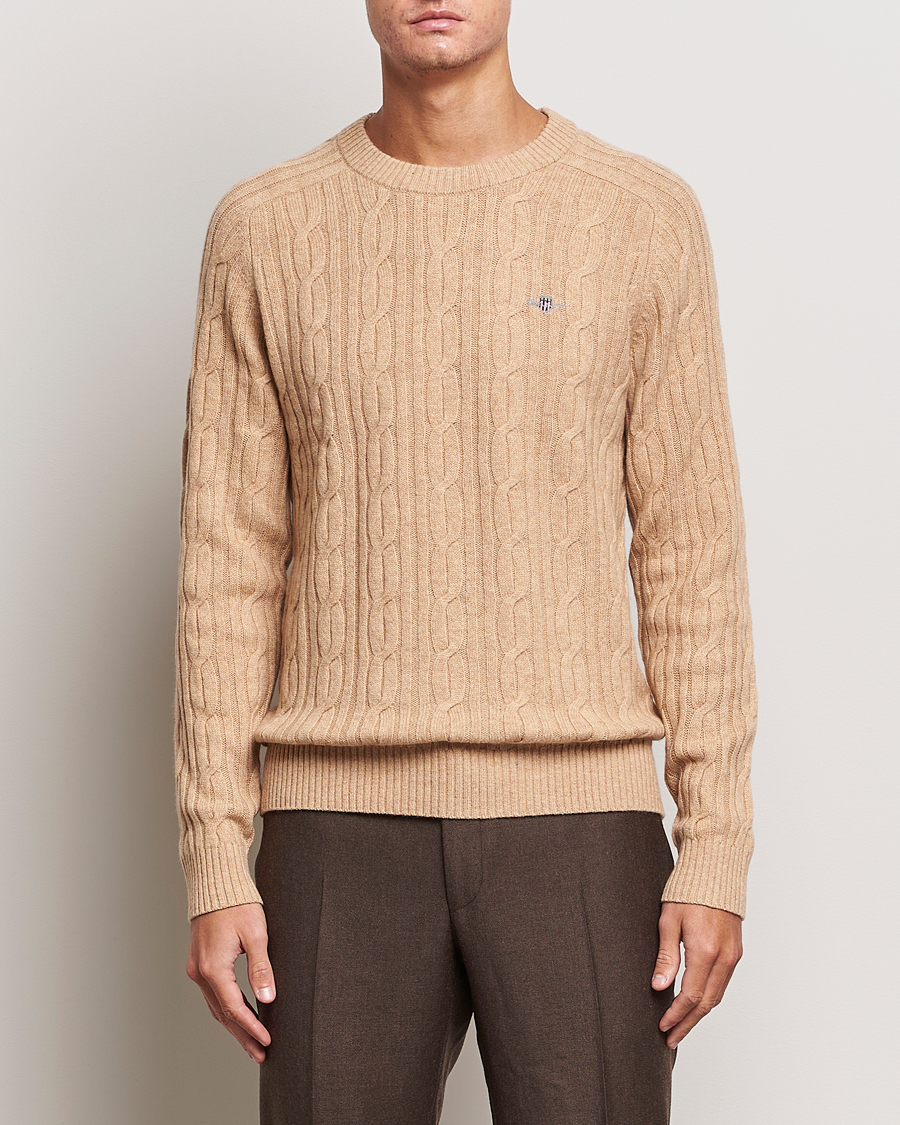 Herr | Tröjor | GANT | Lambswool Cable Crew Neck Pullover Khaki Melange