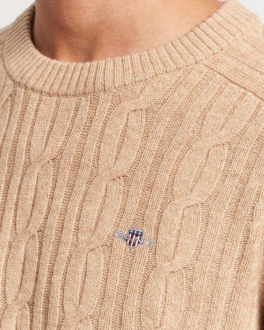 Herr | Tröjor | GANT | Lambswool Cable Crew Neck Pullover Khaki Melange